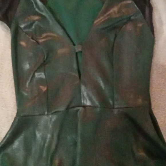 Guess Peplum Top with Sheer Sleeves and Leather-Like Pleather Alligator Print - Picture 2 of 4
